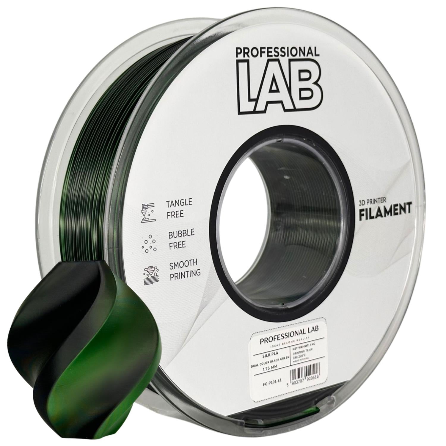 Cívka filamentu Silk PLA Dual Color černá zelená, Prof. Lab, 1,75 mm